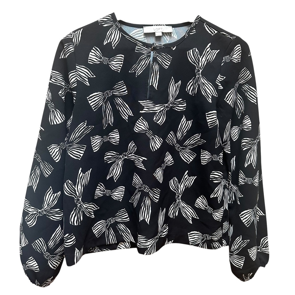 Loft Bows Slit Neck Blouse‎ Long Sleeve Black White Coquette Dainty Feminine XS